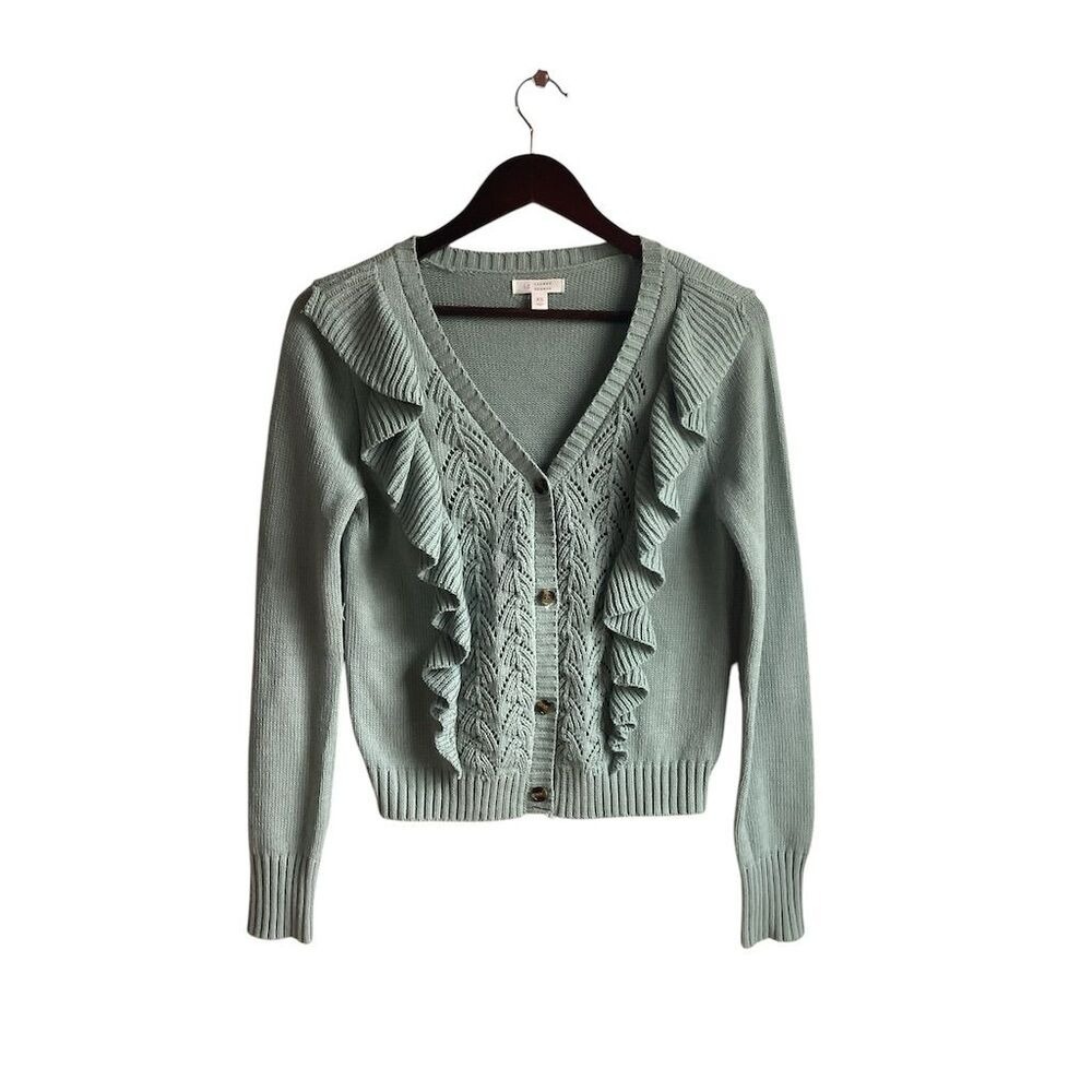 Lauren Conrad Cardigan Sweater Mint‎ Green Ruffle V Neck Button Front XS